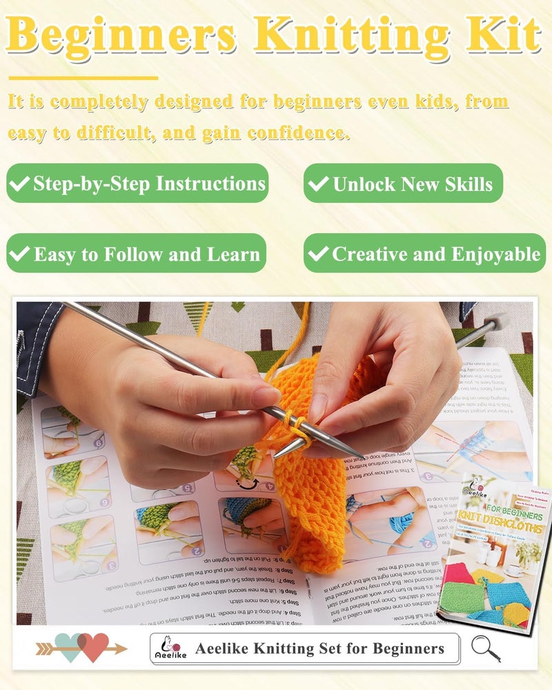 Aeelike Knitting Kit for Beginners, Complete Beginner Knitting Kit Easy Knitting Set Including Knitting Needles Set Cotton Yarn, Learn to Knit Dishcloth with Step-by-Step Instructions, Colorful - Image 3